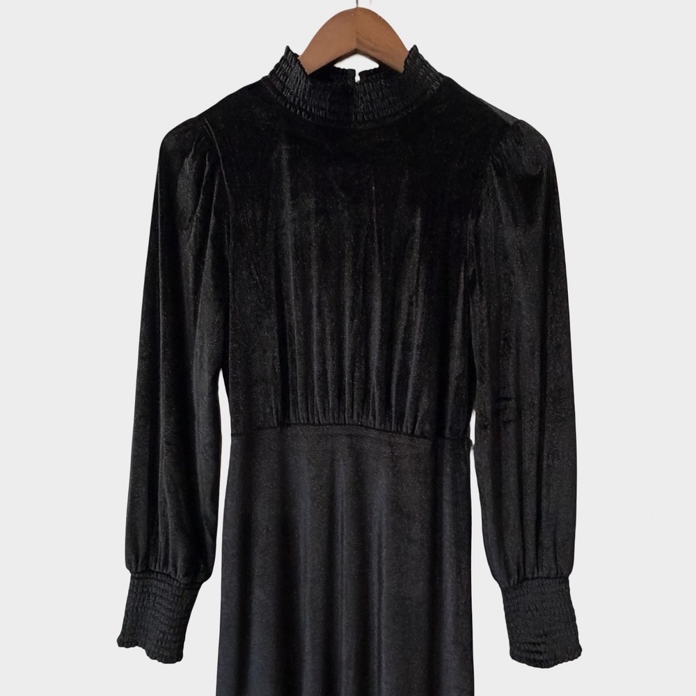 Baltic Born Black Velvet Maxi Dress Mock Neck Smocked Cuff Small Gothic Witchy - Picture 3 of 10